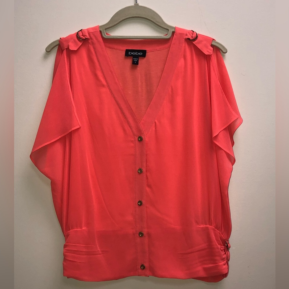 Bebe Vibrant Coral V-Neck Blouse